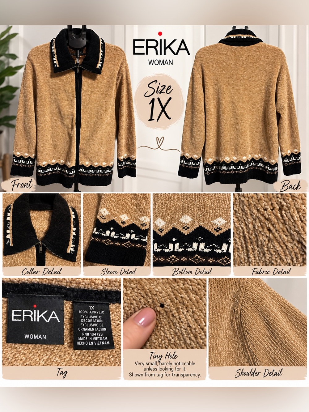 ERIKA WOMAN Fair Isle Border Knit Zip-Up Cardigan Sweater